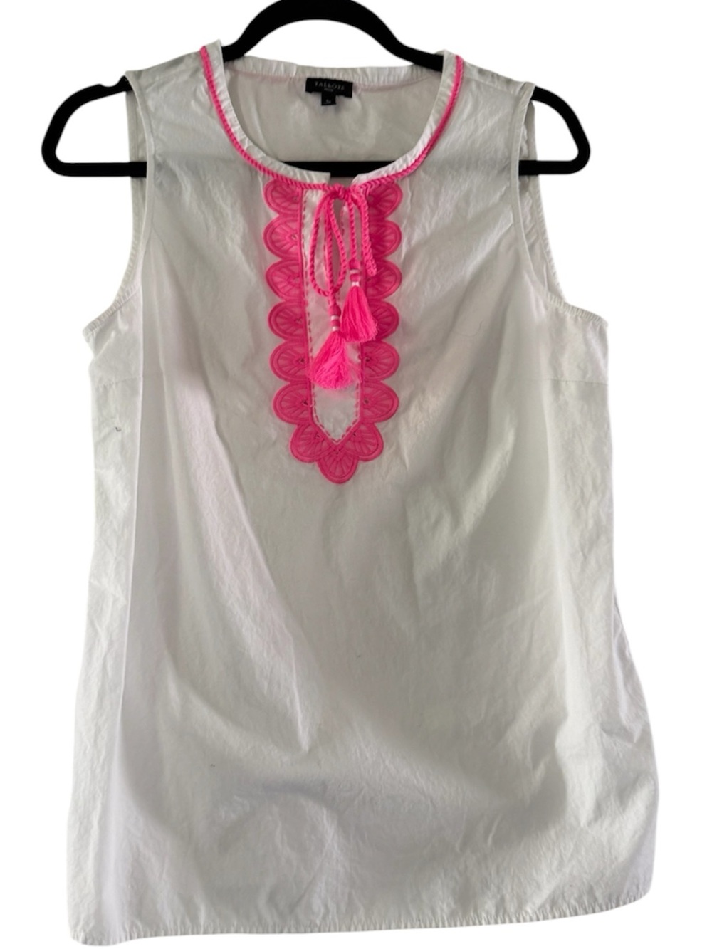 Talbots White Sleeveless Blouse with Hot Pink Tassel Embroidery